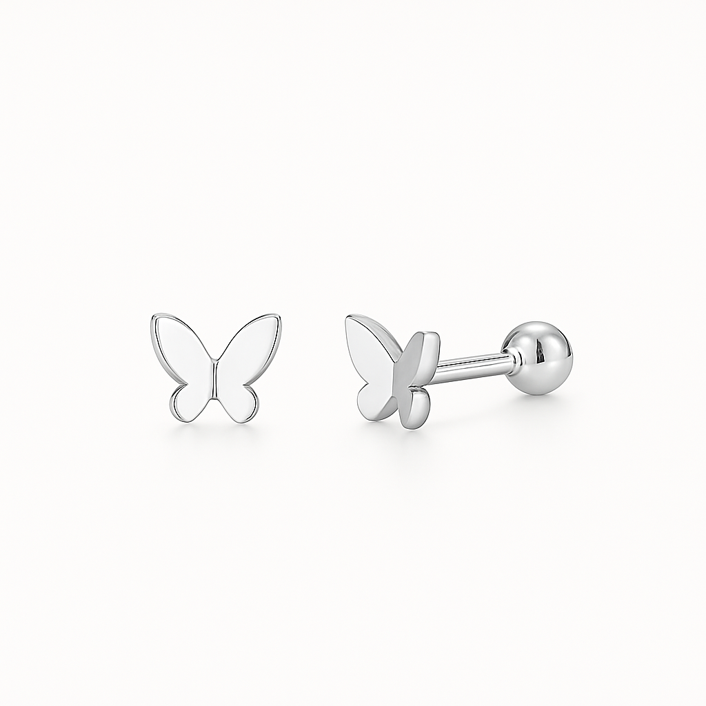 14k Solid White Gold Butterfly Earrings Screw Backs