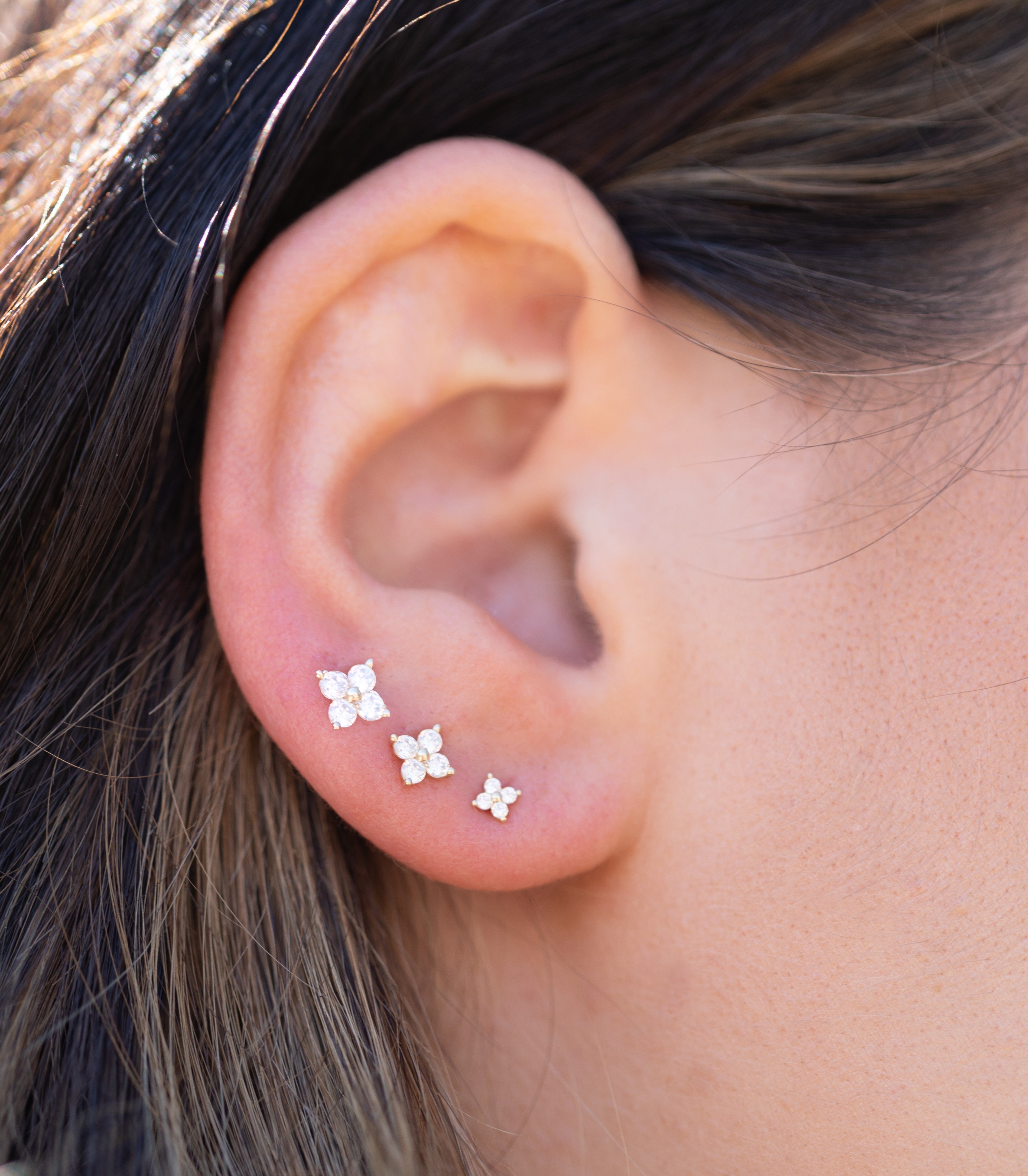 14k solid gold crystal flower earrings with gold petals